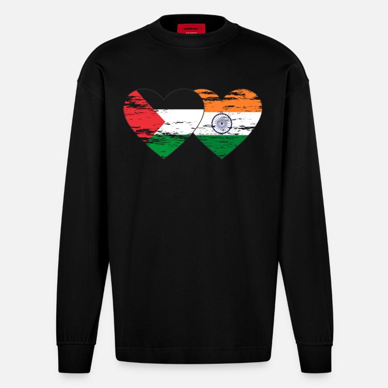 Palestine Inde Drapeau Coeur Utilisé - Manches longues bio épais oversize fabriqué en UE - SOLID BLACK