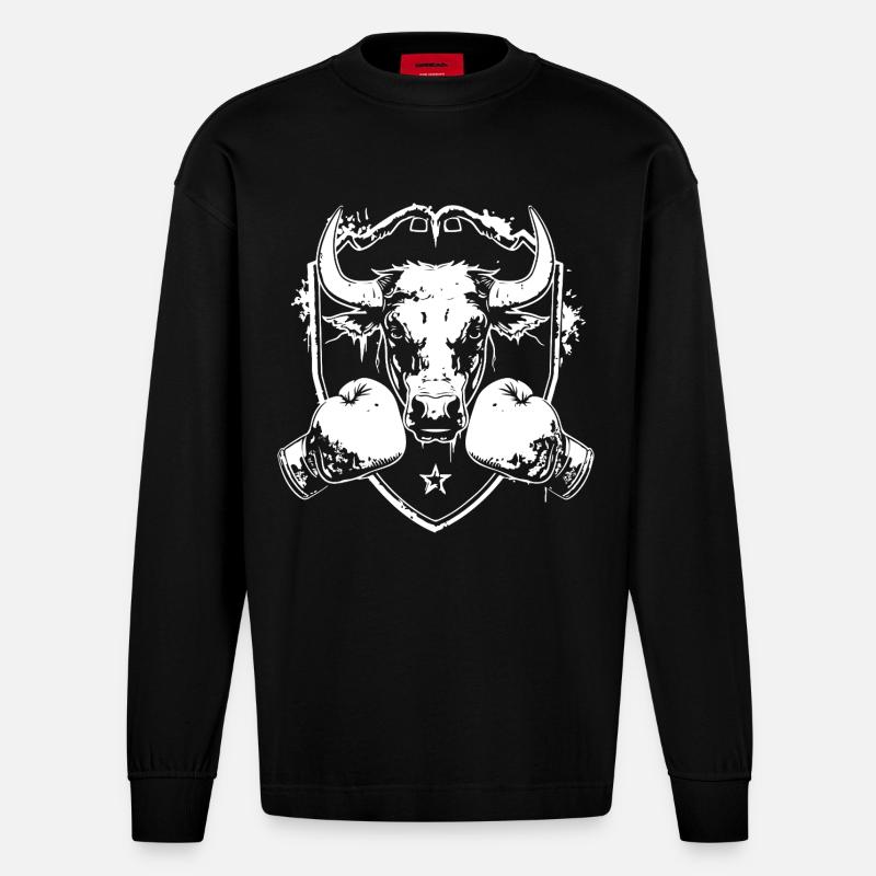 Bulle Stier Boxer Fighter - Heavyweight Oversized Organic Langarmshirt Made in EU - SOLID BLACK