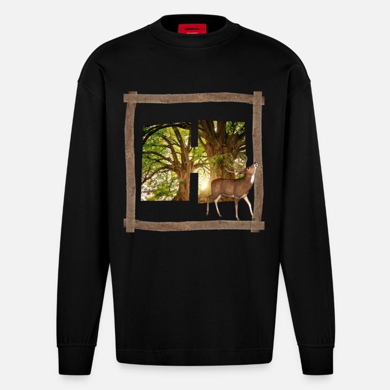 wald mit hirsch h - Heavyweight Oversized Organic Langarmshirt Made in EU - SOLID BLACK