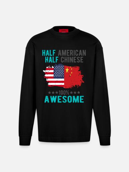 Half American Half Chinese - Heavyweight Oversized Organic Longsleeve Shirt Made in EU - SOLID BLACK