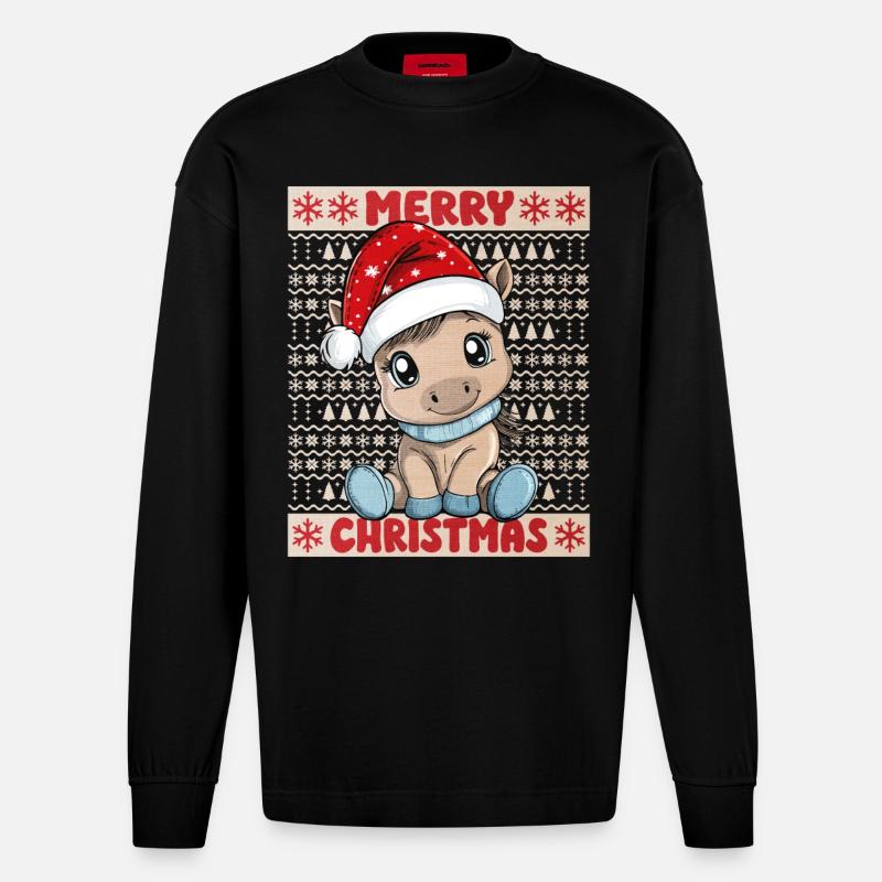 Cheval Noël Mignon Noël mignon - Manches longues bio épais oversize fabriqué en UE - SOLID BLACK