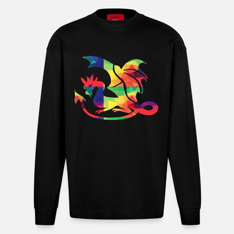 Bunter Drache - Heavyweight Oversized Organic Langarmshirt Made in EU - SOLID BLACK