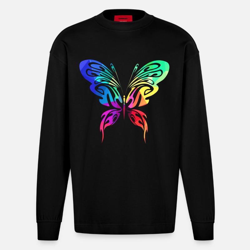 Bunter Sommervogel - Heavyweight Oversized Organic Langarmshirt Made in EU - SOLID BLACK