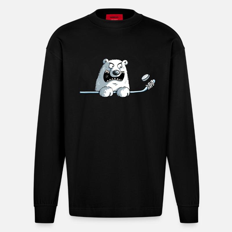 Cooler Eisbär Mit Eishockeyschläger I Eishockey - Heavyweight Oversized Organic Langarmshirt Made in EU - SOLID BLACK