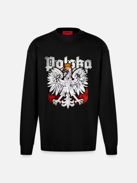 Poland - Polska - Eagle - Silver Edition - Heavyweight Oversized Organic Longsleeve Shirt Made in EU - SOLID BLACK