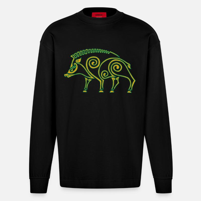 Keltischer Eber - Heavyweight Oversized Organic Langarmshirt Made in EU - SOLID BLACK