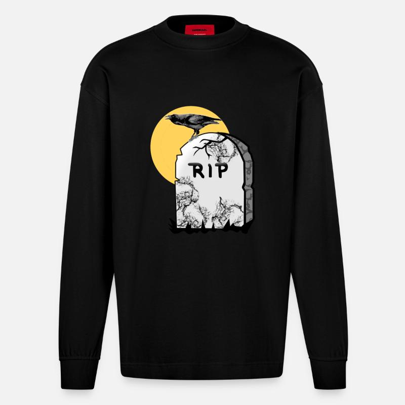 Grabstein mit Krähe - Heavyweight Oversized Organic Langarmshirt Made in EU - SOLID BLACK