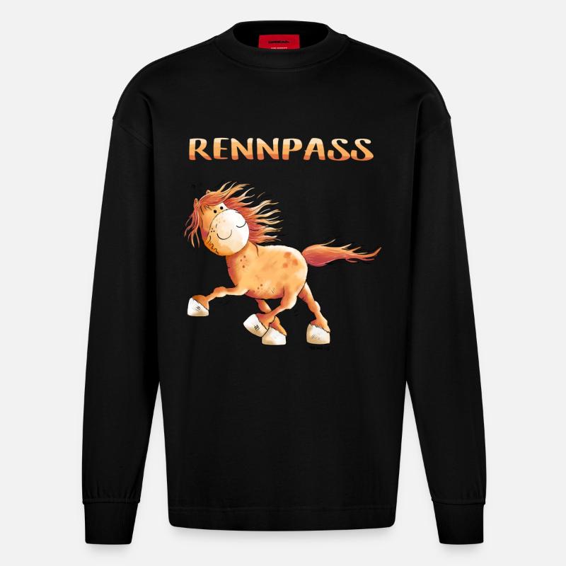 Rennpass Islandpferd - Comic - Fun - Heavyweight Oversized Organic Langarmshirt Made in EU - SOLID BLACK