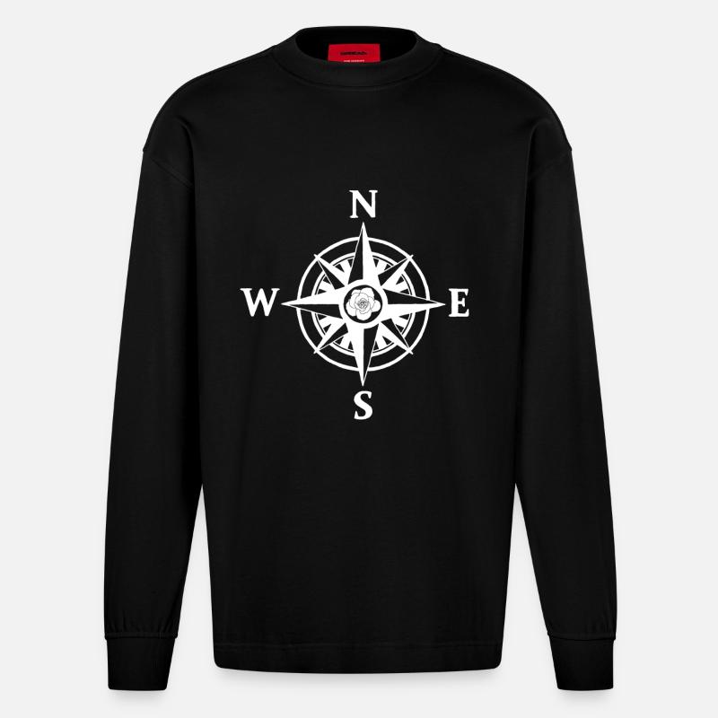 Kompassrose (weiß) - Heavyweight Oversized Organic Langarmshirt Made in EU - SOLID BLACK