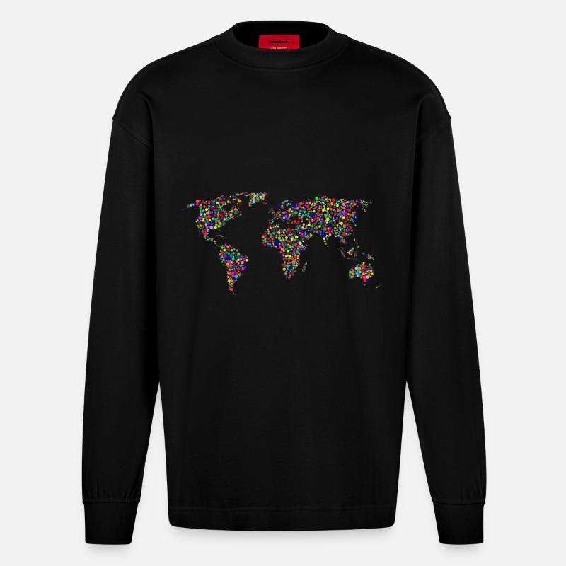 EARTH DOT : Planisphère à points - Manches longues bio épais oversize fabriqué en UE - SOLID BLACK