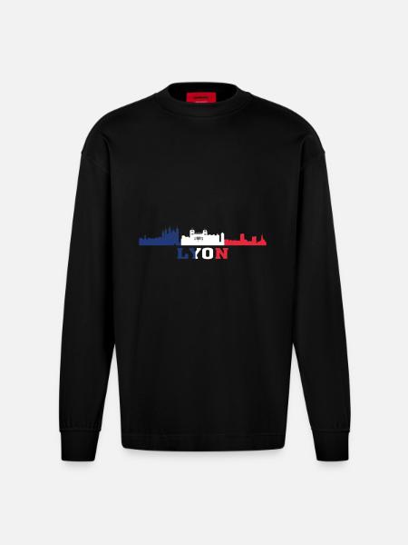 Lyon City Skyline France Landmark Map - Heavyweight Oversized Organic Longsleeve Shirt Made in EU - SOLID BLACK