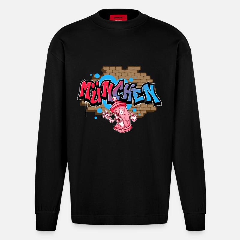München Graffiti - Heavyweight Oversized Organic Langarmshirt Made in EU - SOLID BLACK