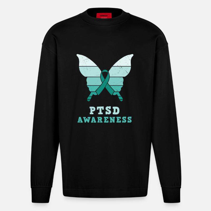 Papillon Ptsd Sensibilisation Ruban sarcelle - Manches longues bio épais oversize fabriqué en UE - SOLID BLACK