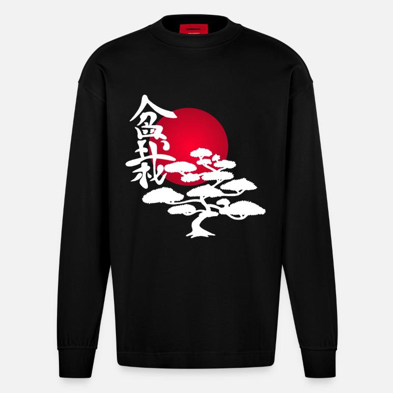 Arbre blanc et soleil rouge - Manches longues bio épais oversize fabriqué en UE - SOLID BLACK