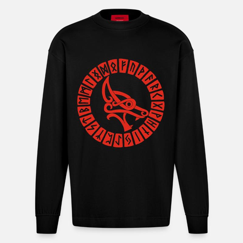 Roter Wolf und Wikingerrunen - Heavyweight Oversized Organic Langarmshirt Made in EU - SOLID BLACK
