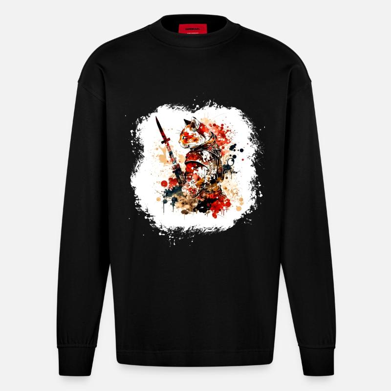 Samurai Katze Rot Schwarz - Heavyweight Oversized Organic Langarmshirt Made in EU - SOLID BLACK