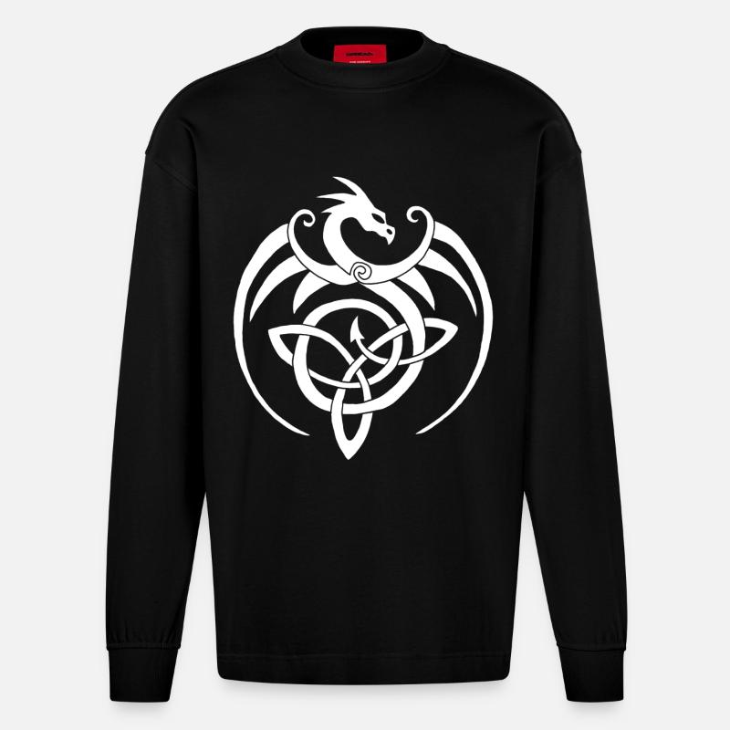 Dragon blanc et symbole celte - Manches longues bio épais oversize fabriqué en UE - SOLID BLACK