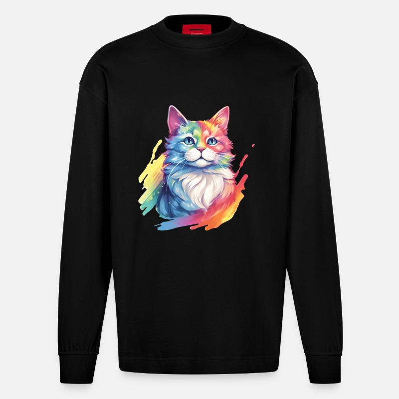 Rainbow Cat – Malerische Regenbogen-Katze - Heavyweight Oversized Organic Langarmshirt Made in EU - SOLID BLACK