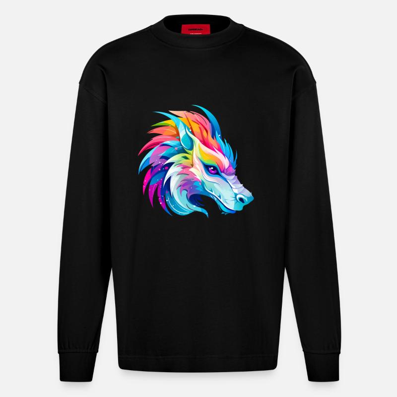 Regenbogen Drache Kopf - Heavyweight Oversized Organic Langarmshirt Made in EU - SOLID BLACK