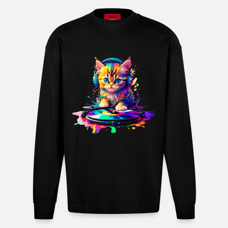 Kätzchen DJ - Regenbogen 2 - Heavyweight Oversized Organic Langarmshirt Made in EU - SOLID BLACK