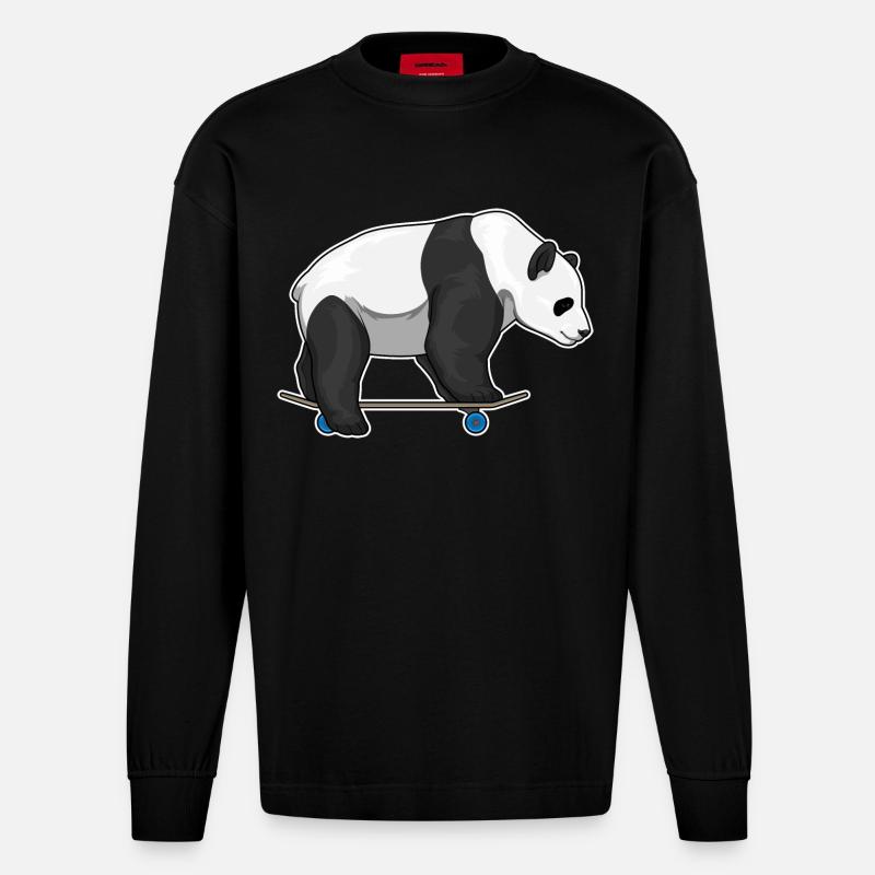 Panda Skater Skateboard - Heavyweight Oversized Organic Langarmshirt Made in EU - SOLID BLACK