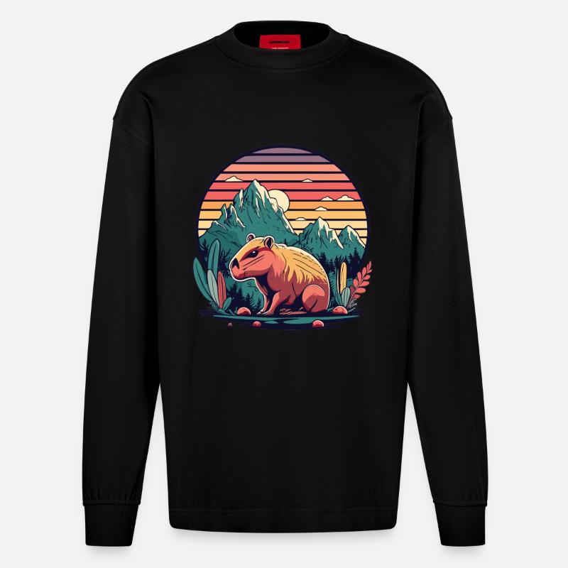 Capybara avec Retro Sunset - Manches longues bio épais oversize fabriqué en UE - SOLID BLACK