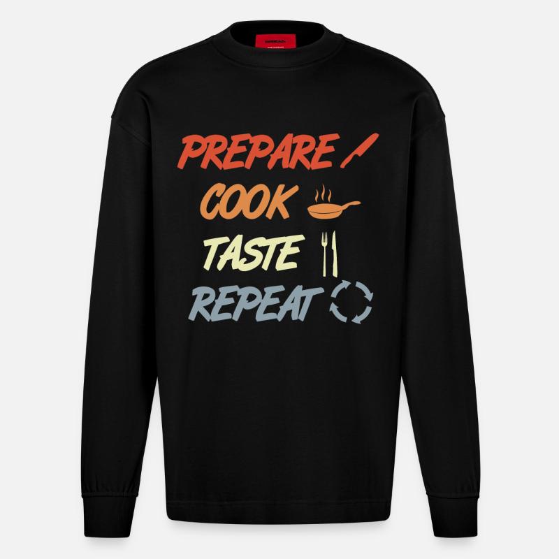 Préparer, Cuisiner, Goûter, Répéter - Manches longues bio épais oversize fabriqué en UE - SOLID BLACK