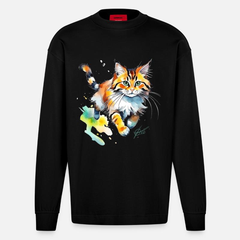Chat aquarelle en look éclaboussure - Manches longues bio épais oversize fabriqué en UE - SOLID BLACK