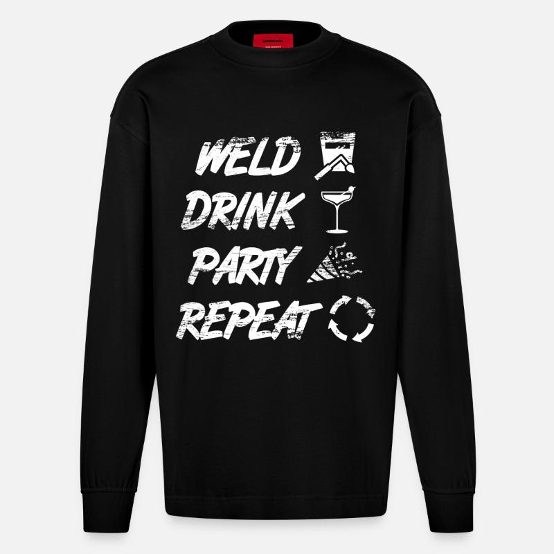 welding, drinking, celebrating, repeating - Heavyweight Oversized Organic Longsleeve Shirt Made in EU - SOLID BLACK