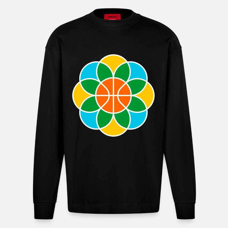 Fleur de Mandala de basket-ball - Manches longues bio épais oversize fabriqué en UE - SOLID BLACK