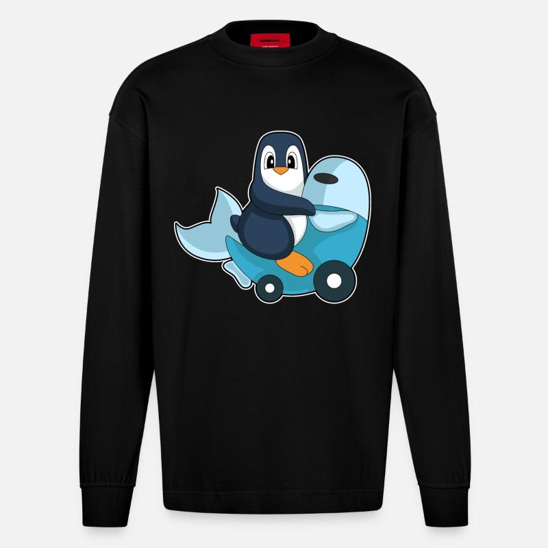 Pinguin Fisch Motorroller - Heavyweight Oversized Organic Langarmshirt Made in EU - SOLID BLACK