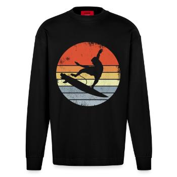 Surfen Vintage Look - Heavyweight Oversized Organic Langarmshirt Made in EU - SOLID BLACK - Vorne