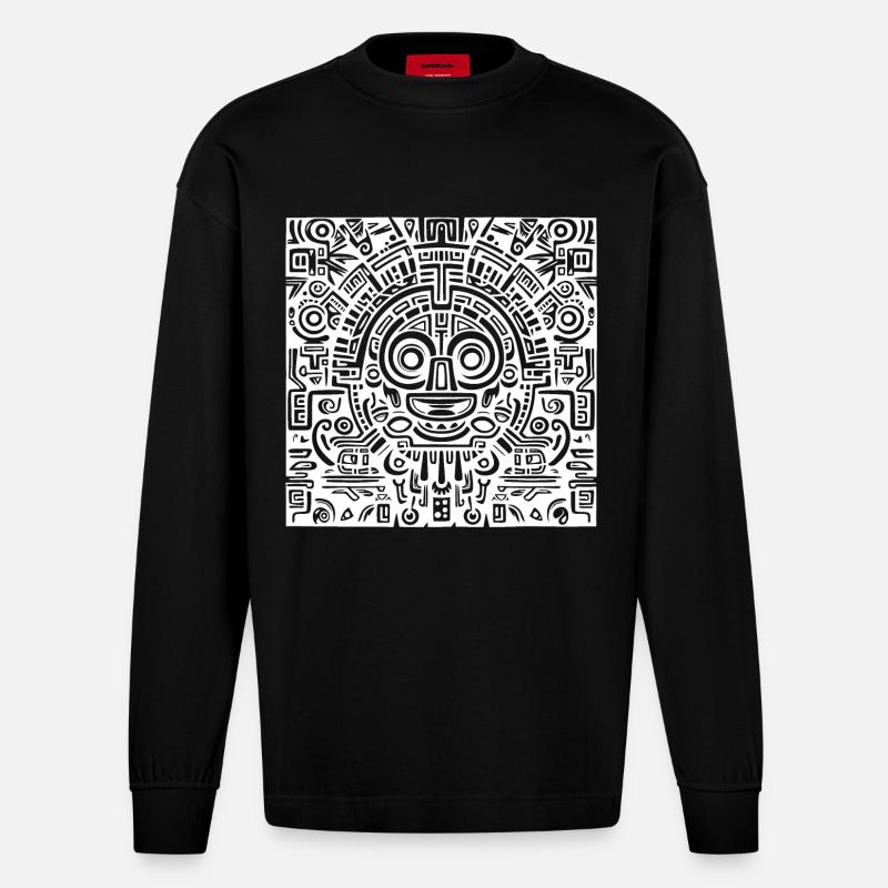Inka, Azteken, Maya Muster, Artwork - Heavyweight Oversized Organic Langarmshirt Made in EU - SOLID BLACK