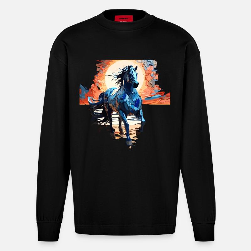 Illustration élégante de cheval bleu - Manches longues bio épais oversize fabriqué en UE - SOLID BLACK