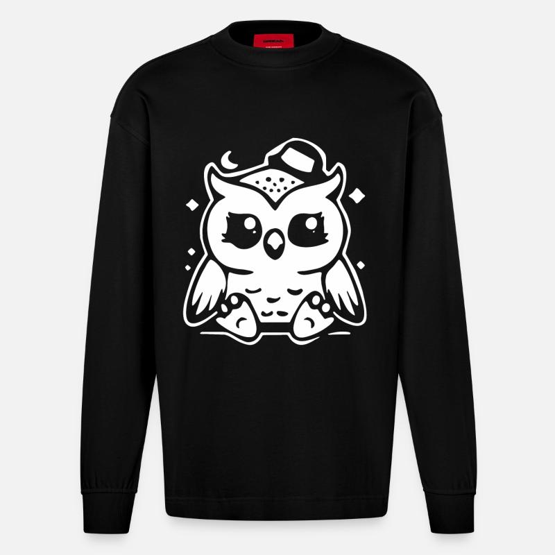 Niedliche Eulenfigur mit Hut - Heavyweight Oversized Organic Langarmshirt Made in EU - SOLID BLACK