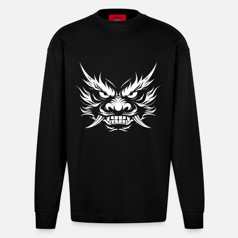 Oni, japanischer Dämon - Heavyweight Oversized Organic Langarmshirt Made in EU - SOLID BLACK