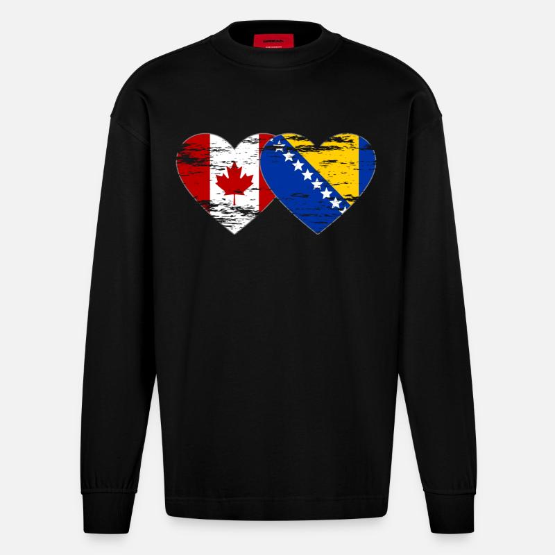 Canada Bosnie drapeau coeur utilisé - Manches longues bio épais oversize fabriqué en UE - SOLID BLACK