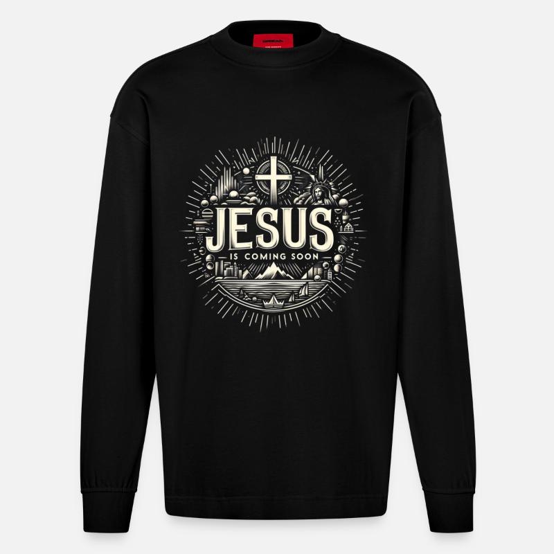Jesus kommt bald Strahlenkranz - Heavyweight Oversized Organic Langarmshirt Made in EU - SOLID BLACK