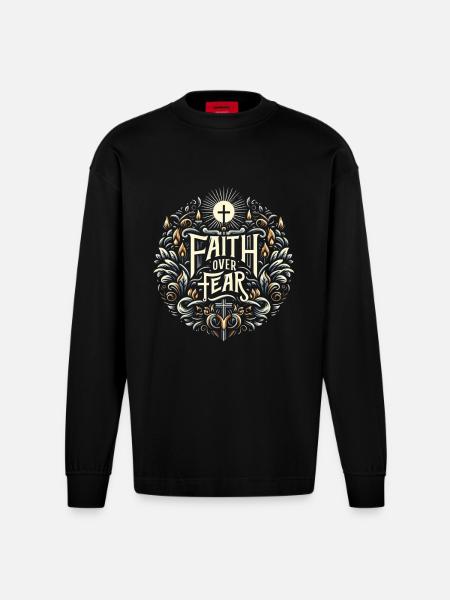 Faith Over Fear Ornament - Heavyweight Oversized Organic Longsleeve Shirt Made in EU - SOLID BLACK