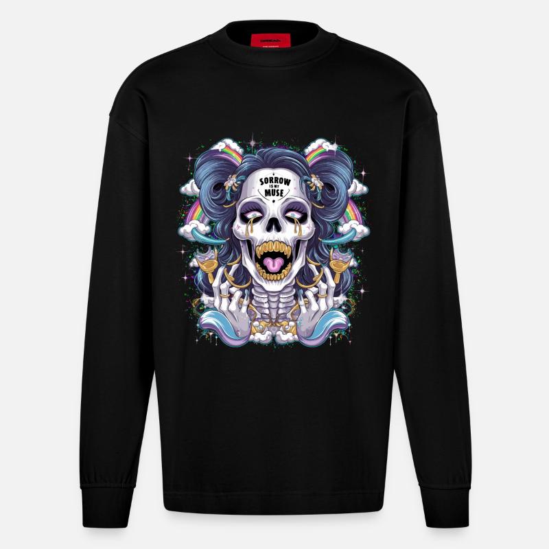 Glitzernder Skelettschädel mit Regenbogen - Heavyweight Oversized Organic Langarmshirt Made in EU - SOLID BLACK