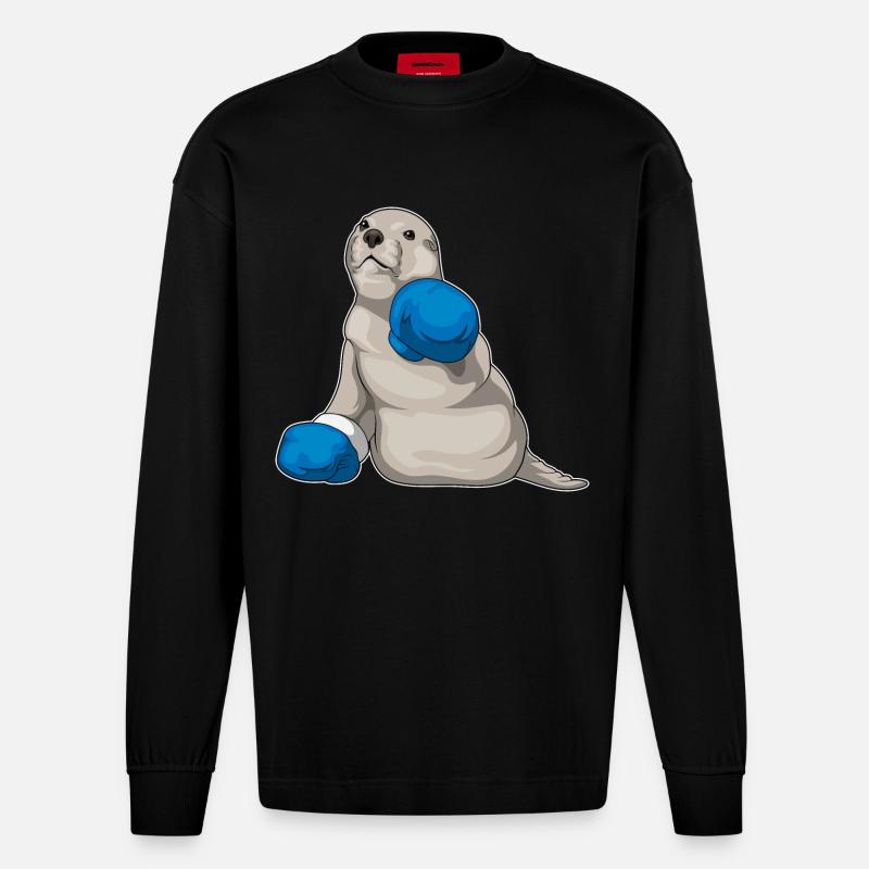 Seehund Boxer Boxhandschuhe Boxen - Heavyweight Oversized Organic Langarmshirt Made in EU - SOLID BLACK