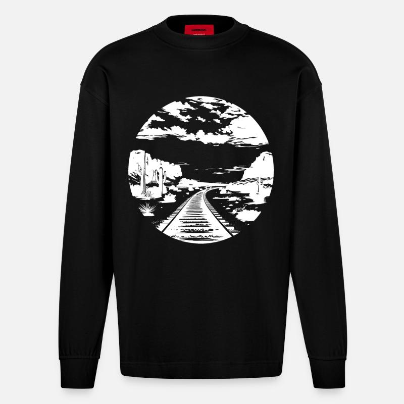 Eisenbahn Zeichnung - Heavyweight Oversized Organic Langarmshirt Made in EU - SOLID BLACK