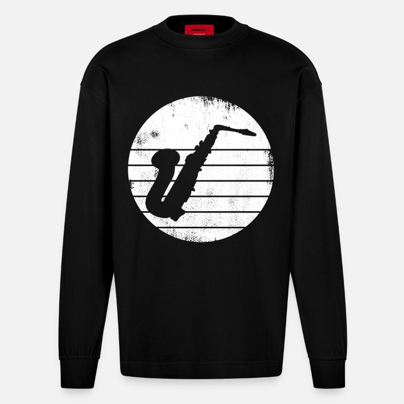 Saxophon Zeichnung - Heavyweight Oversized Organic Langarmshirt Made in EU - SOLID BLACK