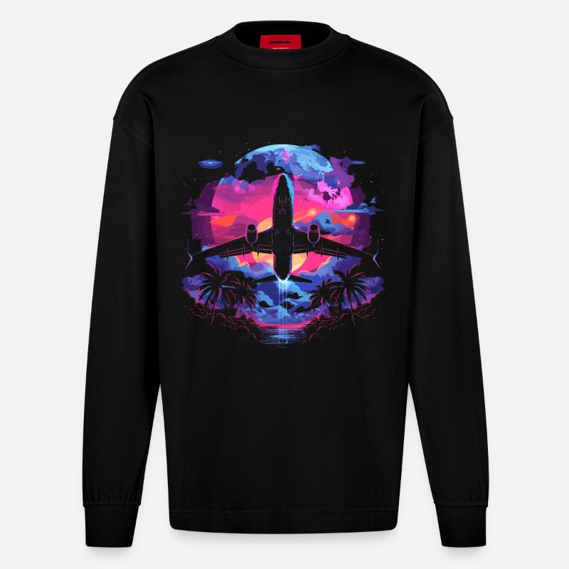Retro Flugzeug Retrowave - Heavyweight Oversized Organic Langarmshirt Made in EU - SOLID BLACK