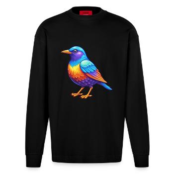 Étourneau coloré Kawaii Dessin animé Personnage Oiseau - Manches longues bio épais oversize fabriqué en UE - SOLID BLACK - Devant