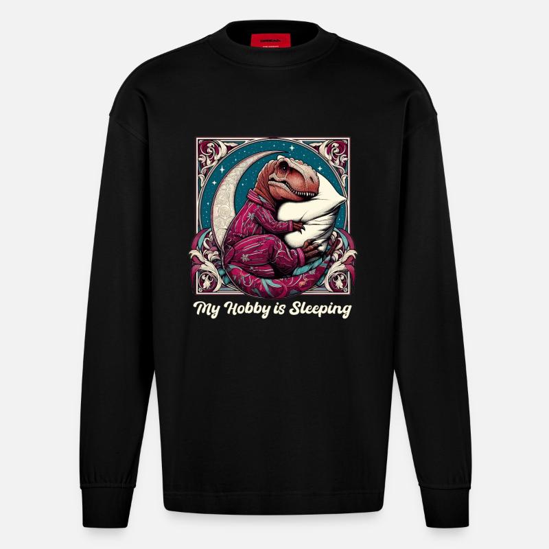 T-Rex Sleeping Hobby Cadeau - Manches longues bio épais oversize fabriqué en UE - SOLID BLACK