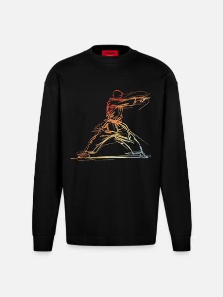 Karateka Line Sketch Retro - Heavyweight Oversized Organic Longsleeve Shirt Made in EU - SOLID BLACK
