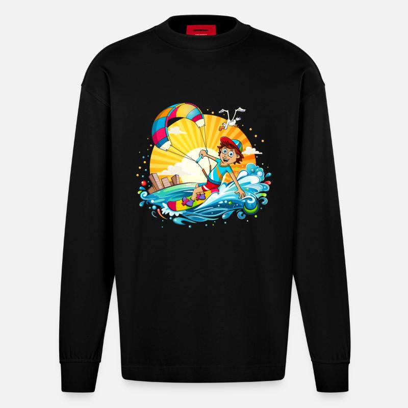 Bunte Illustration eines Kitesurfers - Heavyweight Oversized Organic Langarmshirt Made in EU - SOLID BLACK