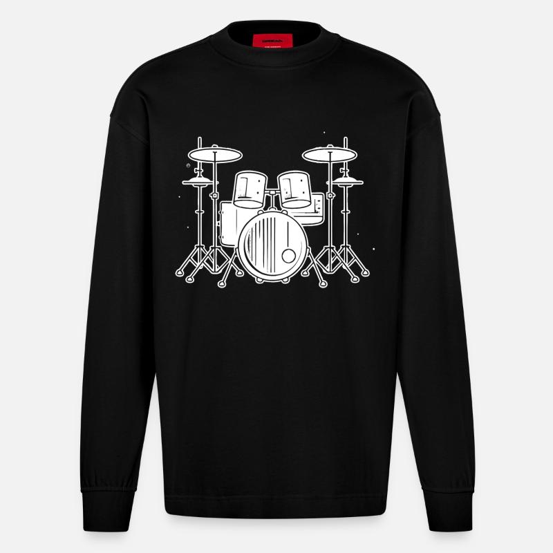 Drum Set Zeichnung - Heavyweight Oversized Organic Langarmshirt Made in EU - SOLID BLACK