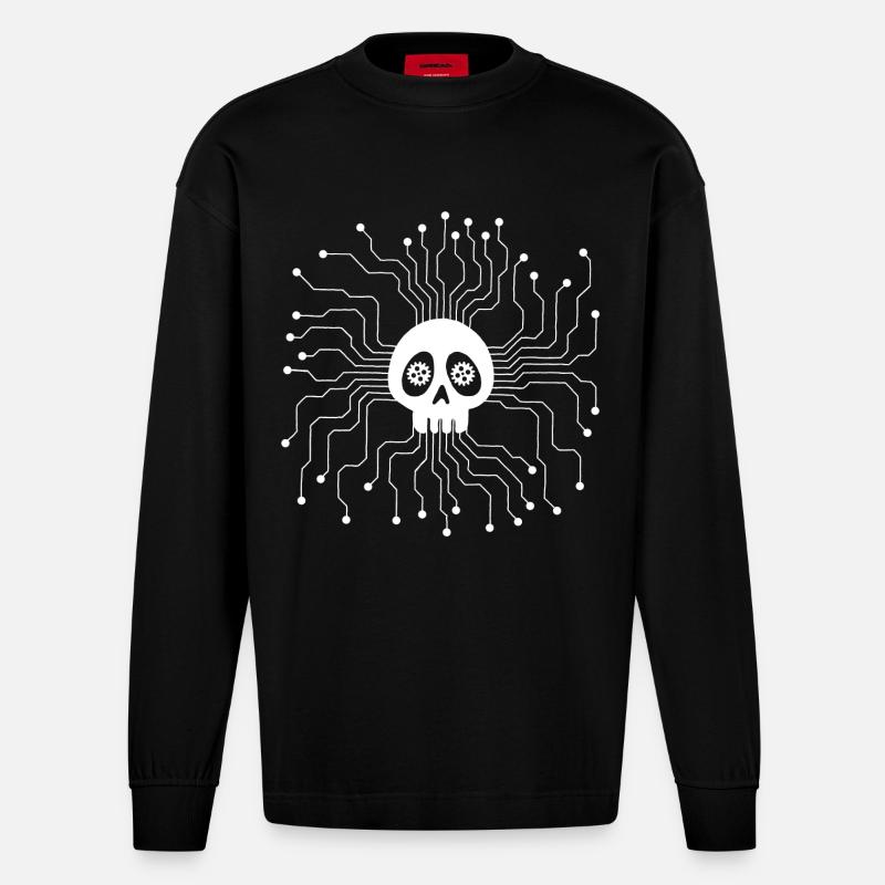 White Microprocessor Skull - Heavyweight Oversized Organic Longsleeve Shirt Made in EU - SOLID BLACK